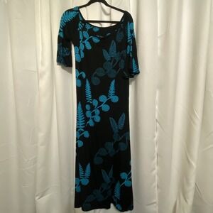 WAHINE TOA Hawaiian Fern Lauwae Long Maxi Dress Black & Teal Size Medium EUC